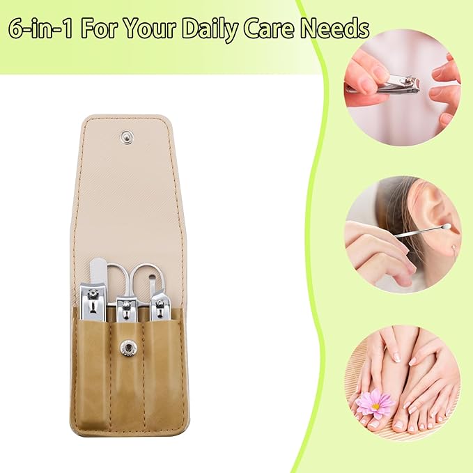Nail Clippers Set, 6 Pcs Toenail Clippers Stainless Steel Fingernail Clippers Manicure Set with Leather Case, Idea Gift for Christmas Stocking Stuffers, Khaki