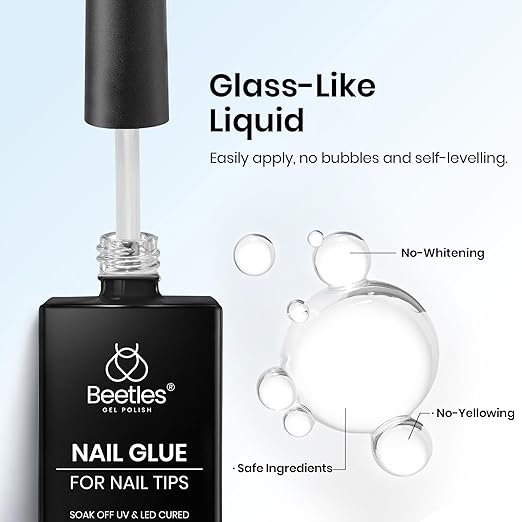 Beetles 9 in 1 Gel Nail Glue, 2pcs 10ml UV Nail Glue for Clear Nail Tips Acrylic Nails, Super Strong for False Nails, Base Coat, Rhinestones, Blooming Gel, Long Lasting 28+ Days, U V Light Required