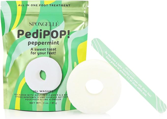 Spongellé Peppermint PediPOP! Pedi Buffer & Nail File | All-in-One Pedicure Treatment | Exfoliates, Softens & Cleanses | 30+ Washes | Vegan & Cruelty-Free