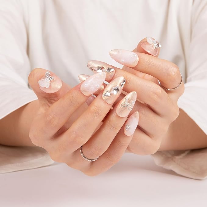 LOVFUL Press on Nails Sweet Swing | Handmade with Full Covered Crystals | Reusable Fake Nails | Almond Regular 1.0 in | H295-L