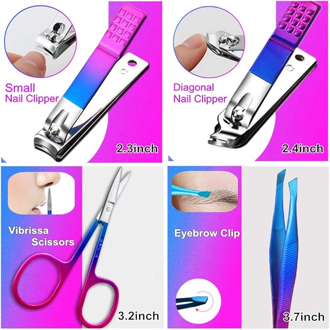 Manicure Set, Professional Nail Clippers Kit, Pedicure Care Tools, Professional Women Grooming Kit -Premium Stainless Steel with Blue Travel Case Set 15PC Great Gift(Colorful)