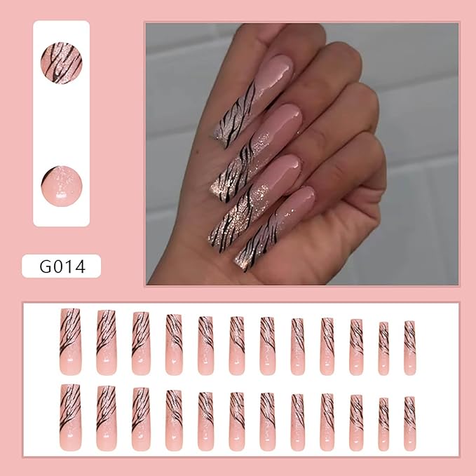 Long Press on Nails Square Fake Nails Silver Glitter French Tip False Nails with Silver Swirl Design Acrylic Nails Long Square Glue on Nail Full Cover Stick on Nail for Women 24Pcs