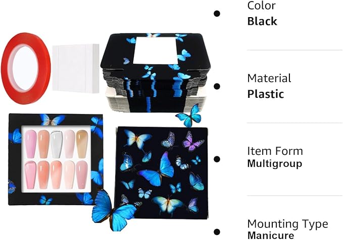 71 Pcs Empty Press on Nails Packaging Box 35 Pcs White Background Papers and 1 Double Sided Tape, Empty Nail Package Box Set for Press on Nail Business (Black)…