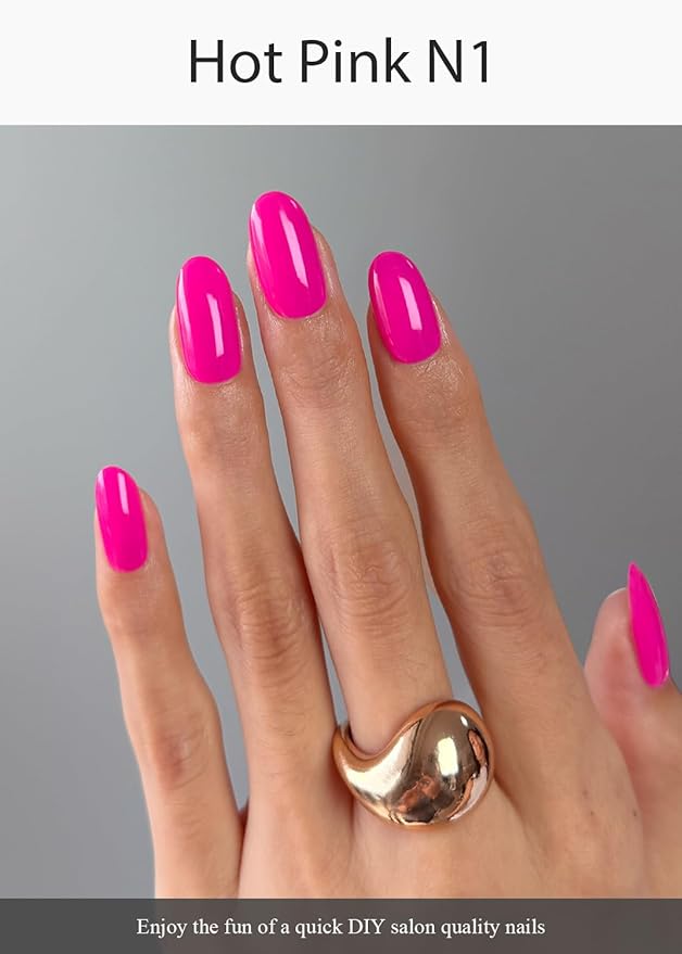 Semi Cured Gel Nail Strips (Hot Pink N1), Solid, 20 Pcs Summer Gel Nail Wraps, Stickers, Salon Quality, Works with Any UV Lamps