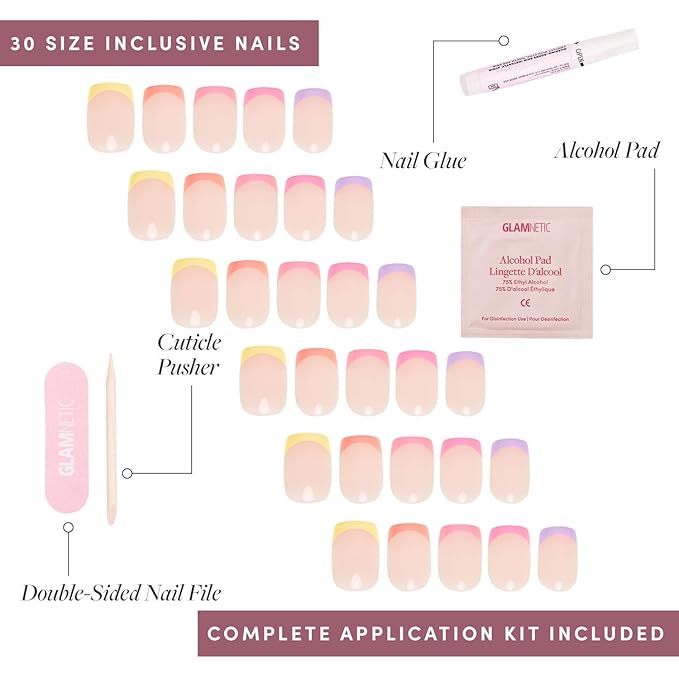 Glamnetic Press On Nails - Macarons | Short Squoval Fake Nails with Multicolored Pastel French Tips and Glossy Finish, Salon Quality | 15 Sizes - 30 Nail Kit with Glue