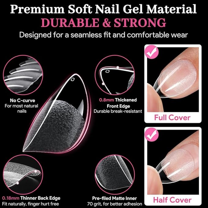 Short Water-drop Fake Nail Tips, 15 Sizes 240 PCS Clear Half Matte Press On False Nail Tips Soft Full Cover Gel Nail Tips Extensions Strong Thick Long Lasting for DIY Beginners & Salon Manicure