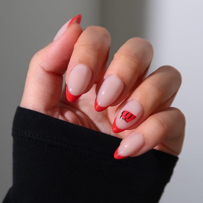 Glamnetic x Fanatics Press On Nails - Wisconsin Badgers | Short Almond Fake Nails, Collegiate Badgers Red French Tips, College Nails, Salon-Quality | 15 Sizes - 30 Nail Kit with Glue