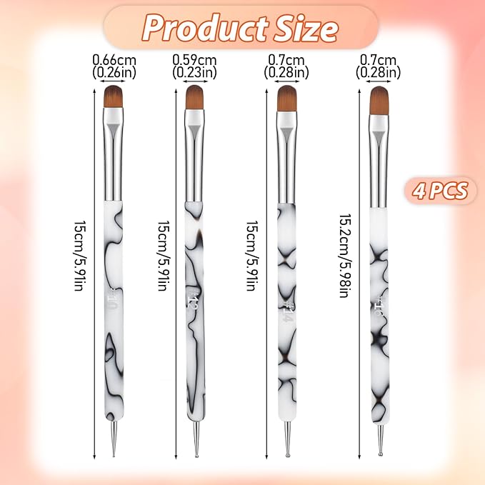 4 Pcs French Gel Nail Brushes, Double Head Acrylic Nail Art Brush with Dotting Tool, French Tip Brush, Professional Manicure Tool for DIY Nails Salon (10# 12# 14# 16#)
