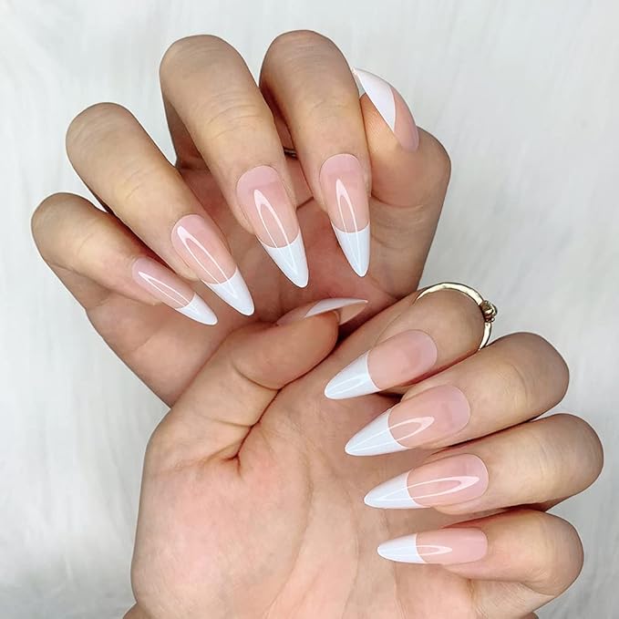 Morily 24pcs Fake Nails Pink White Glossy Medium Long Stiletto Almond Press on Nail False Tips Artificial Finger Manicure for Women (French)