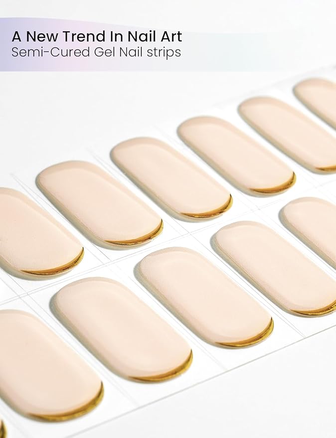 Semi Cured Gel Nail Strips | Built-In Gel Top Coat | UV Light Required | Salon Quality, Easy Application And Removal (Nude With Gold Trim)