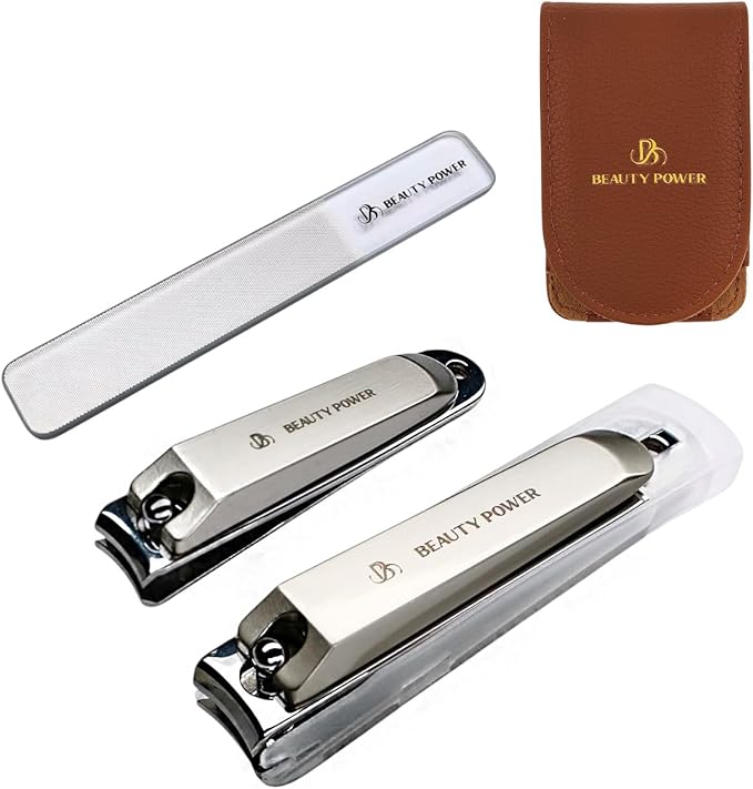 Nail Clippers Set 3 in 1 - Stainless Steel Toe Nail Clippers, Fingernail Clipper, Glass Nail File, Anti Splash, Ergonomic Grip in PU Leather Travel Case for Men & Women - Valentine's Gift
