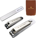 Nail Clippers Set 3 in 1 - Stainless Steel Toe Nail Clippers, Fingernail Clipper, Glass Nail File, Anti Splash, Ergonomic Grip in PU Leather Travel Case for Men & Women - Valentine's Gift