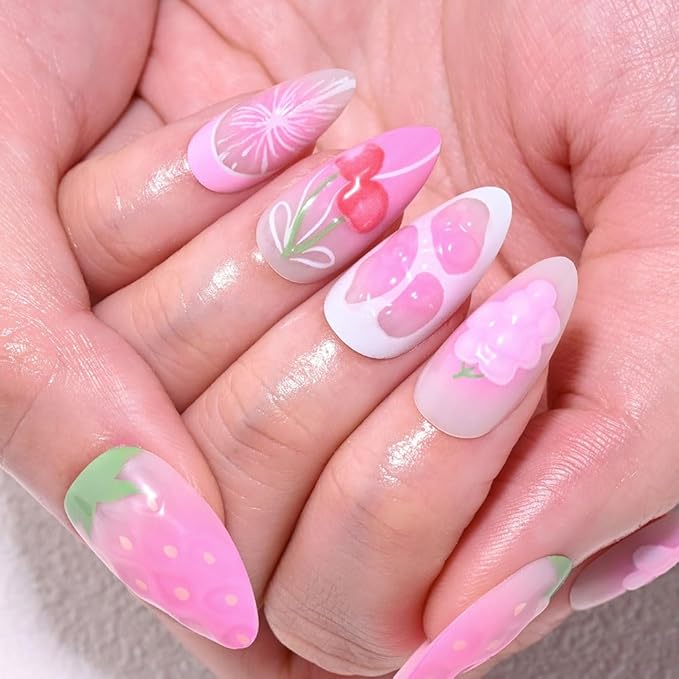 3D Press on Nails Medium Almond with Pink Strawberry Design, White Paw Print Fruite Nail Press ons Glossy Stick on Nails for Women Reusable with Kit, Stick on Cute Fake Nail with Designs Perfectly Fit