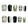 Trendy Press On Nails Black White Gold - 3D Short Square Nails Metallic Glitter Glossy Reusable Gel Press on Acrylic Fake Nail for Daily Nail Art (Starry Glow,S)