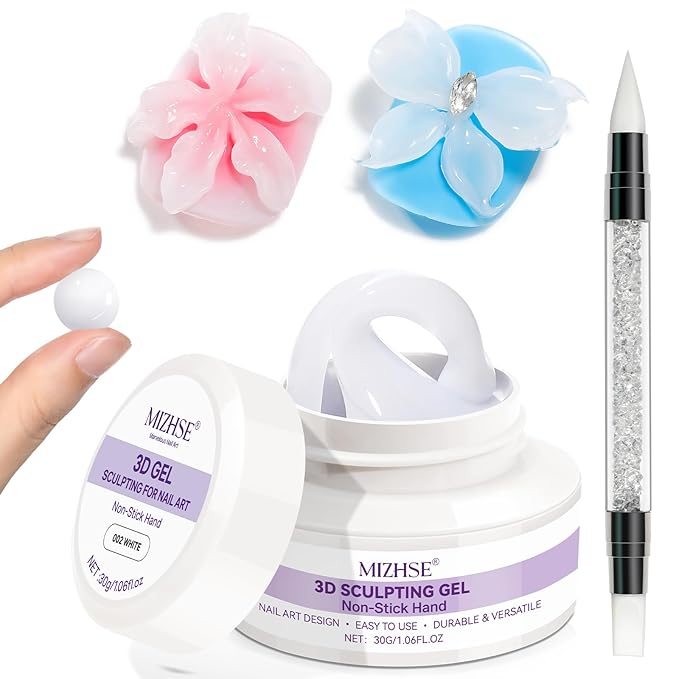 MIZHSE White 3D Gel Nail Art 30g Sculpting Gel Non-Sticky Molding Gels for Nails Solid U V LED Soak Off Gels Polish with Nail Art Pen Rub Chrome Powder Nail Design Home Manicure