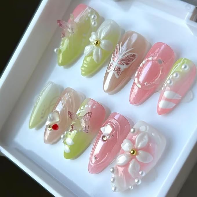 Small Size MAGLFELL Press On Nails - 3D Almond Handmade Unique Fake Nails, Artistic Design, Thick Acrylic and Muti-Layer Gel False Nails (Size S)