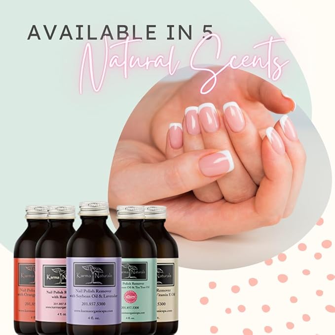 Karma Organic Nail Polish Remover with Soybean Oil and Tea Tree Oil- Non Toxic, Vegan, Cruelty Free, Acetone Free – Nails Strengthener for Fingernails – 4 fl. Oz