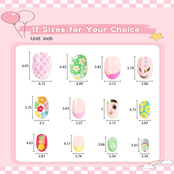 SIUSIO 3Pack Children Acrylic Fake Nails, 72pcs Press on Full Cover Daisy French Tips Short Almond False Nail Art Kits Set with Sticker Tabs Nail Glue Gel for Kids Little Girls Women - Spring Memory
