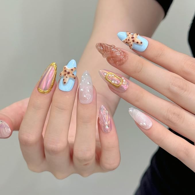 3D handmade Gel nails press on false nails Almond hand-painted gentle elegant white blue gold pearl starfish acrylic Reusable fake nails designed kit,10 Nails, Size S #3010