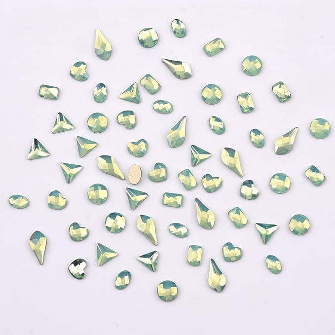 60pcs Mix Shapes Glass Rhinestones Flatback Green Opal Nail Gems 480pcs Round Beads 3D Decoration Crystals for Designs Acrylic Nails Crafts Bulk Pack