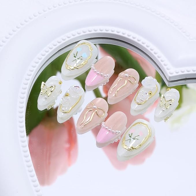 30Pcs Almond Press on Nails Medium French Tip Fake Nails with 3D Pearl Butterfly Rhinestone Designs Cute Glue on Nails Gold Chrome Bow Acrylic Nails Rose Flower False Nails Supplies for Women
