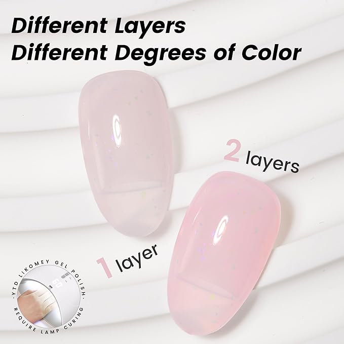 YTD Likomey Gel Nail Polish,Nude 15ml Light Pastel Pink Glitter Translucent Neutral Jelly Sheer Shimmer Salon Home DIY Nails Art Manicure UV Varnish,LS322