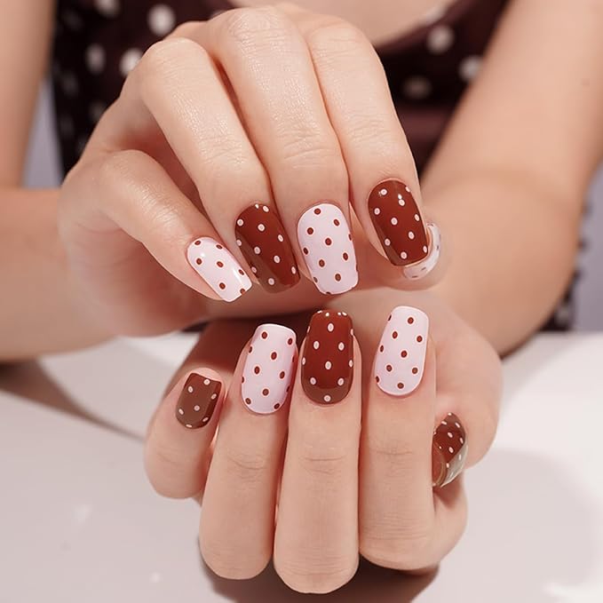Polka Dot Semi Cured Gel Nail Strips - 20Pcs Brown & Pink UV Gel Nail Wraps with Polka Dots Design, Long Lasting Salon-Quality Stickers, Includes Nails File & Wooden Stick - UV/LED Lamp Required
