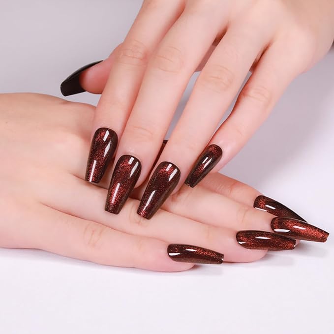 Press On Nails - Dark Maroon | Dark Red Glitter Velvet, Medium Coffin Squared With Cat Eye Design for Women and Girls, 24 Pcs Reusable Red Fake Nails