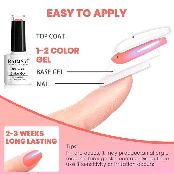 RARJSM Pearlescent Gel Nail Polish Neon Orange Red Shell Glitter Purple Shimmer Mermaid Iridescent Nail Gel Polish Soak Off LED UV Curing Requires Swirl Thread Effect DIY Manicure 7.5ML Summer Nail