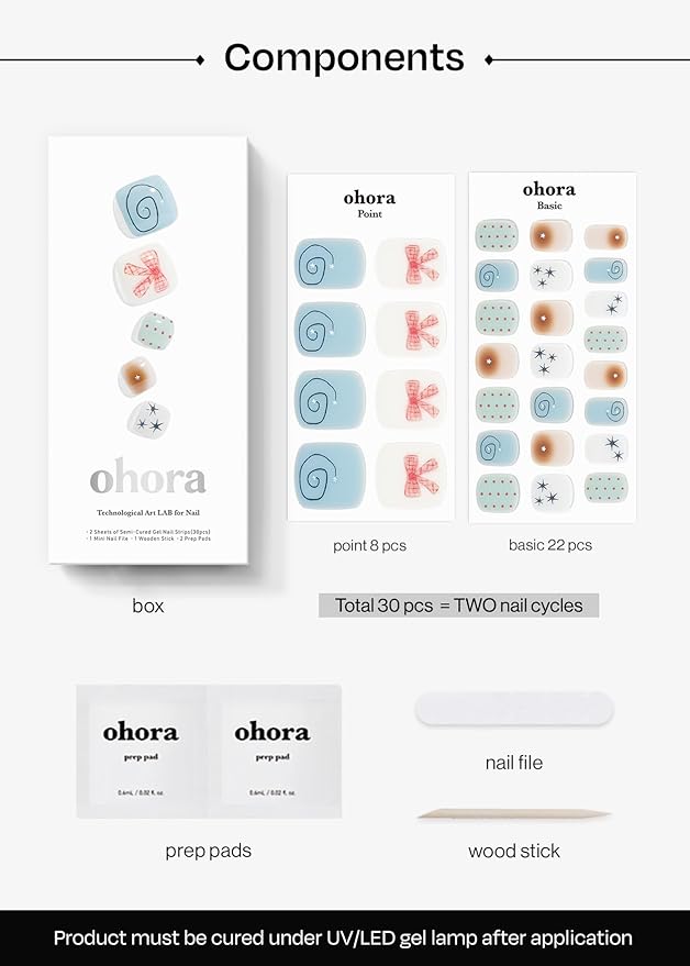 ohora Semi Cured Gel Pedi Strips (P Mini Museum) - Works with Any Nail Lamps, Salon-Quality, Long Lasting, Easy to Apply & Remove - Includes 2 Prep Pads, Nail File & Wooden Stick