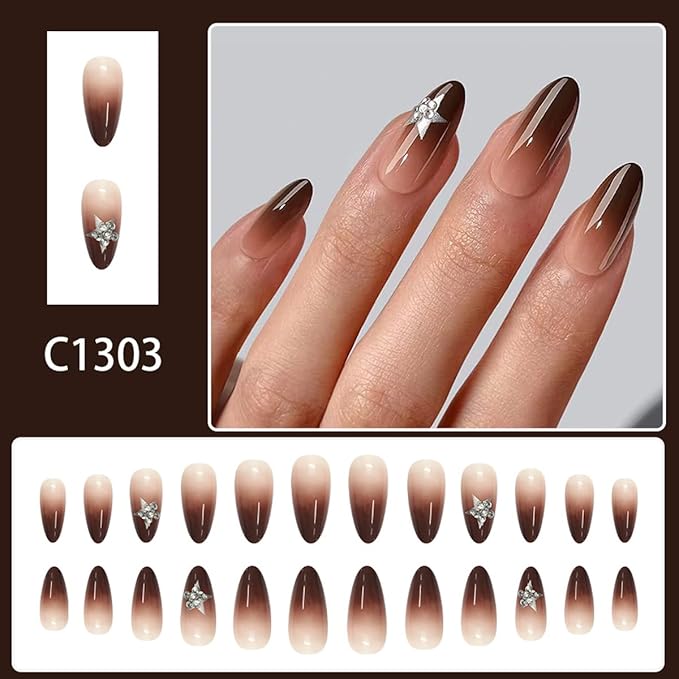 Brown Press on Nails Short Almond Fake Nails Brown Nails White Star False Nails Press ons with Gradient & Rhinestones Design Glossy Acrylic Full Cover Stick on Nail for Women Girls Manicure 24Pcs