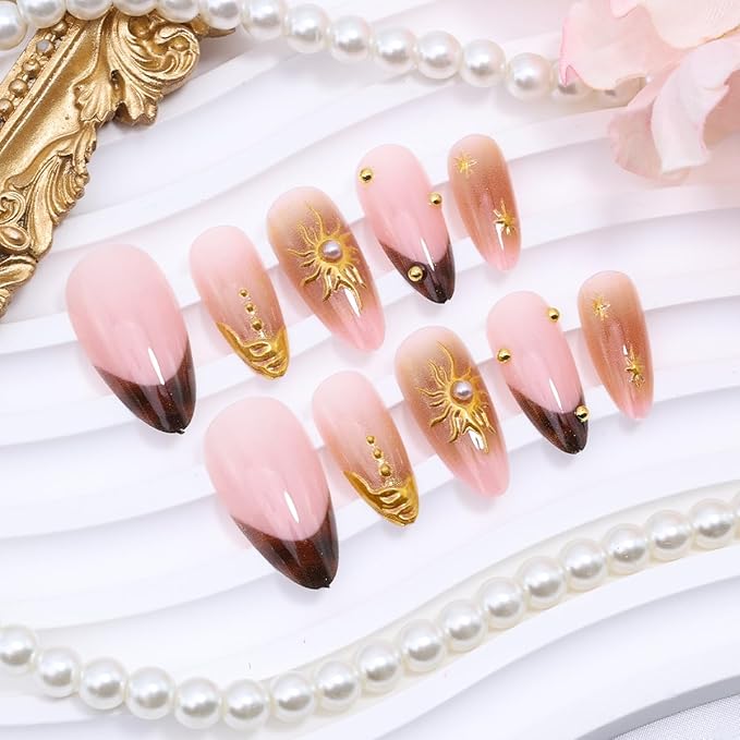 24Pcs Gold French Tip Press on Nails Medium Almond Fake Nails 3D Pearl Sun Star Acrylic Nails Gold Beads Full Cover French Tip False Nails Glossy Chrome Glue on Nails Reusable Stick on Nails for Women