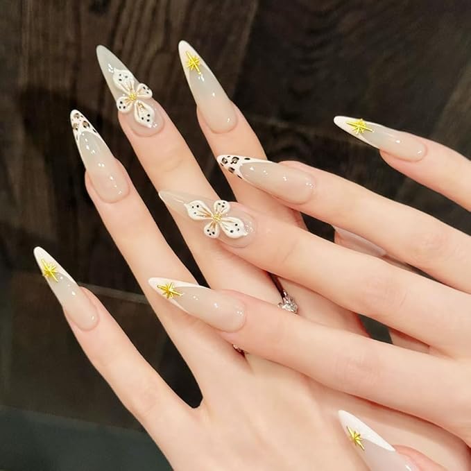 Handmade Press on Nails Long Stiletto Fake Nails French Tip Leopard print with 3D Flower Gold Designs Glossy Cute Acrylic Nails for Women 10pcs (Size M）