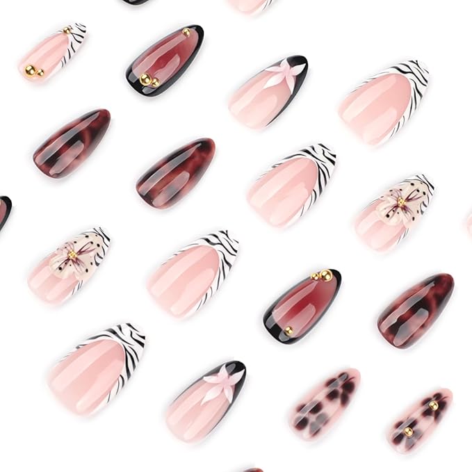 Fall Winter Press on Nails Medium Almond Fake Nails Brown Nails Press ons with Tortoise,Zebra Print,Flower Design,Full Cover Stick on Nail for Women Manicure,Reusable | Artificial | Easy Apply | 24Pcs