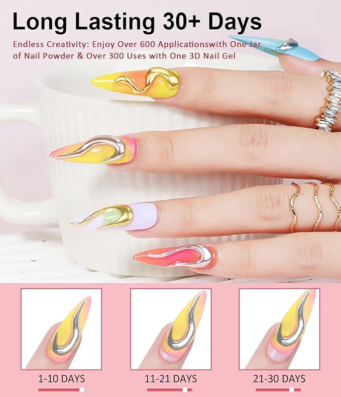 3D Nail Gel and Chrome Nail Powder: 15g No Wipe Clear 3D Sculpting Gel for Nail Art Non-Sticky Hand Hard Gel Carving Gel with Rose Gold Red Green Chrome Powder for Gel Nail Art Home DIY