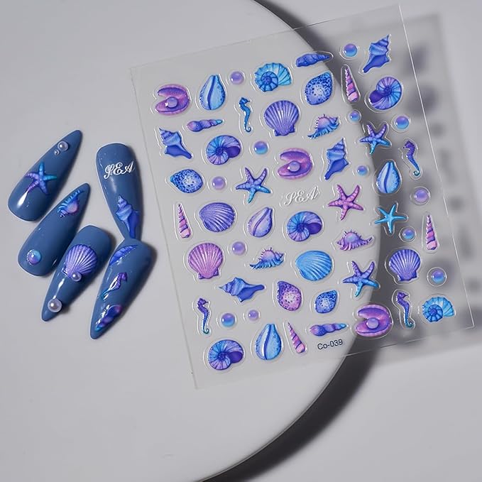 Zoance 5D Embossed Shell Starfish Nail Art Stickers, Self Adhesive Marine Life Nail Decals 4 Sheets Jellyfish Fishtail Pearl Nail Stickers for Nail Art Supplies Women Girls Nail DIY Decorations