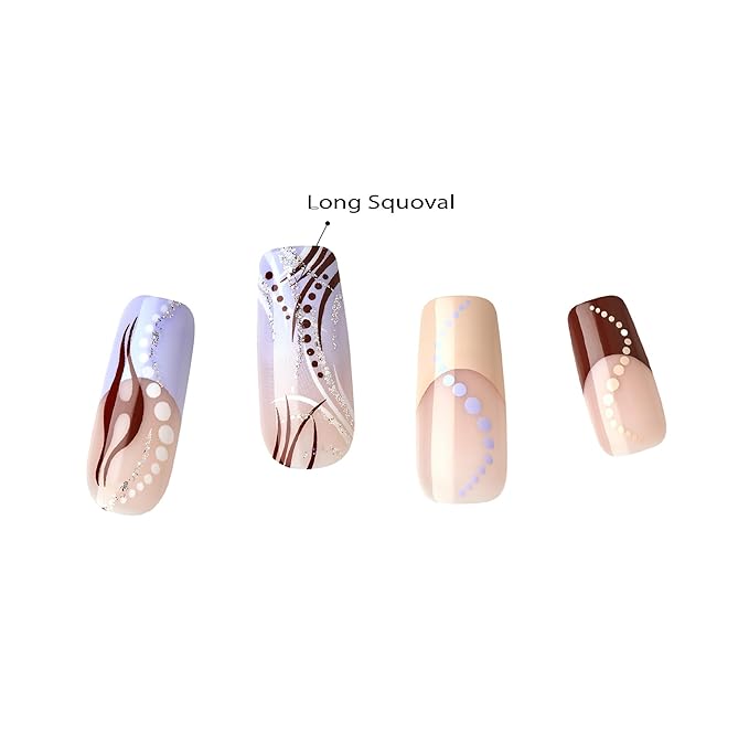 Goldfinger Trendy False Nails Kit, Long Squoval Design Nail, Playful Simple Artistic Sheer Nude Print, Ready to Wear Gel & Manicure Stick Included, Long-Lasting Convenient & Easy to Apply