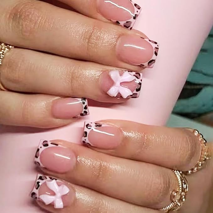 6 Packs (144 Pcs) | Reusable Press on Nails | Stick on Nails 12 Sizes-6 Styles | Cute Bow Nails
