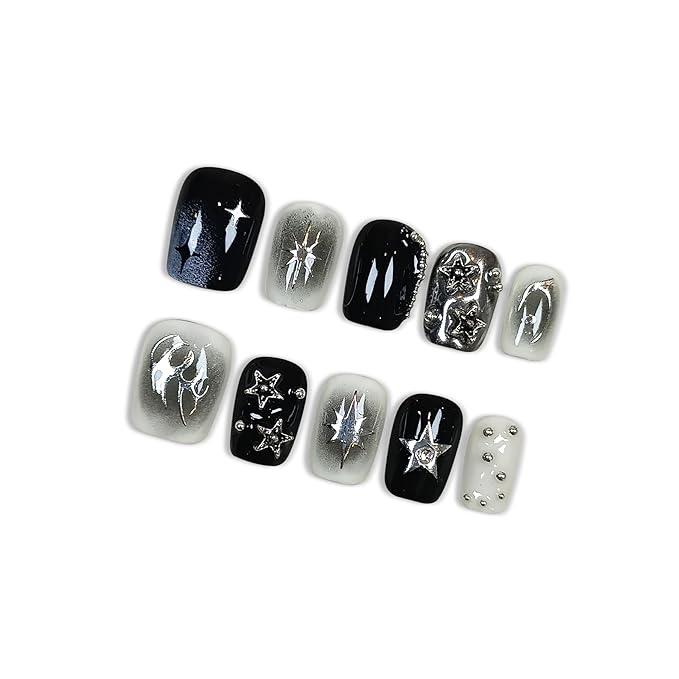Short Square Press On Nails, Handmade Soft Gel Dark Glam Metallic Fake Nails with Silver 3D Stars & Sculptural Accents, Grunge Inspired Reusable False Nails 10PCS Kit (Size S)