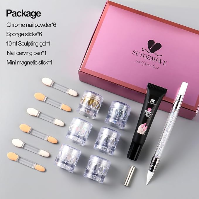 Chrome Nail Powder Kit, 6 Colors Chrome Powder with 3D Sculpting Gel for Nail Art Gold Silver Metallic Mirror Effect Pigment Holographic Glitter White Pearl Dust Kit for Manicure Decor