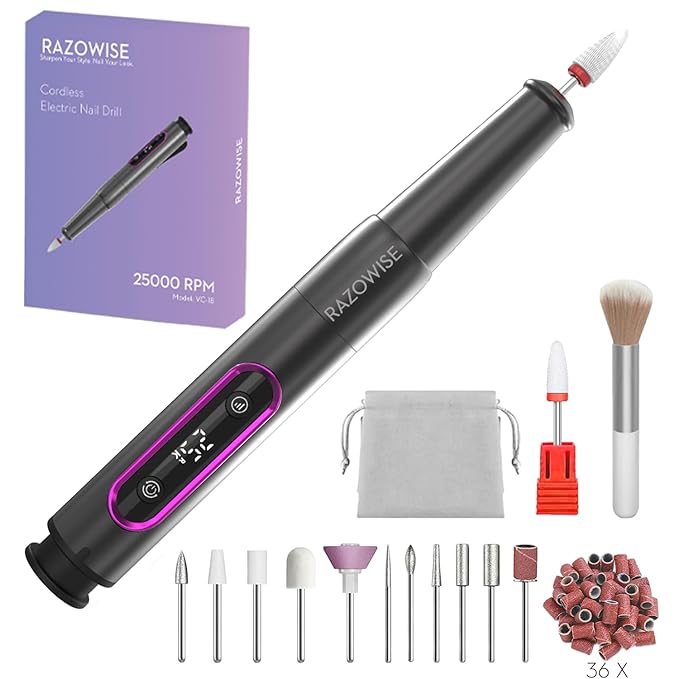 Electric Nail Drill: Professional for Acrylic Gel Powder Nails Portable Nail Drill for Manicure Pedicure Nail Efile 5 Speeds 12 in 1 with LED Display Rechargeable, Grey