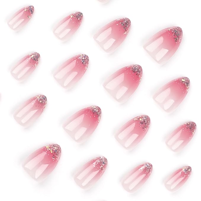 Ombre Pink and White Gradient Press on Nails Short Oval Fake Nails – French Tip Acrylic Nails for Women, Golden & Shiny Artificial False Nails, Stylish Design, Suitable for Birthday Parties