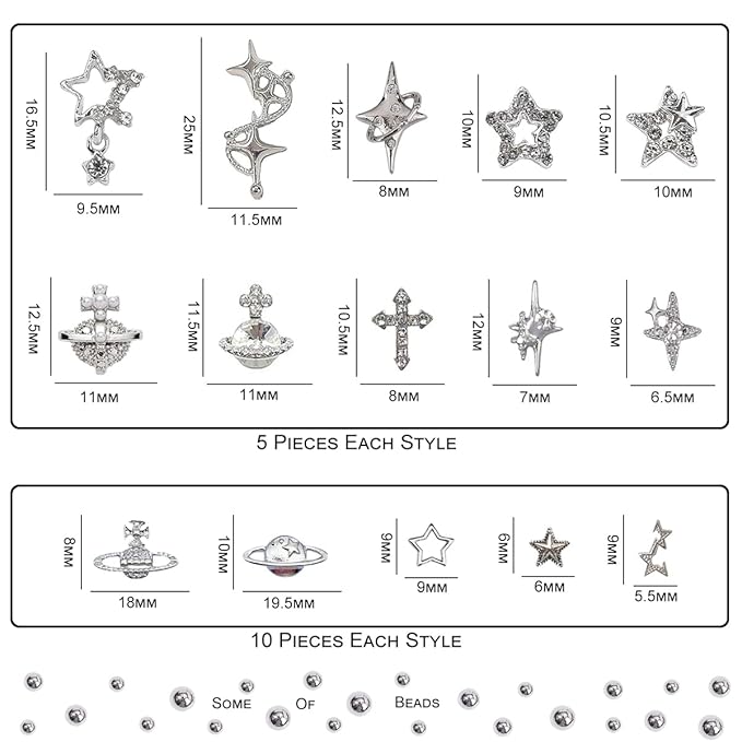 120+ Pcs Star Nail Charms Inlaid Rhinestones Gems, Silver Star Planet Cross Nail Art Decorations Shiny Jewelry for Acrylic Nail Accessories for Women Girl Manicure DlY Crafts Supplies