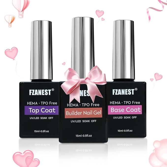 FZANEST Builder Gel With Top and Base Coat HEMA TPO-Free, 15ml * 3pcs Clear Gel Nail Polish Kit for Nail Strengthening Building Apex Extension Soak Off No Wipe Top Coat Base Harden Nails