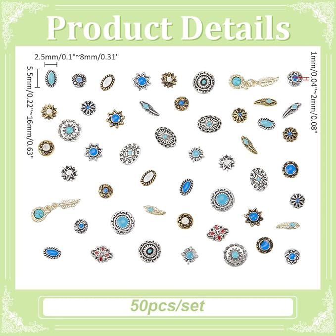 WADORN 50Pcs Turquoise Nail Charms, Western Bohemia Enamel Metal Nail Art Charms 3D Metallic Gems Decor for DIY Manicure Accessories Woman Girl Valentines Wedding Prom Nails Craft Decorations