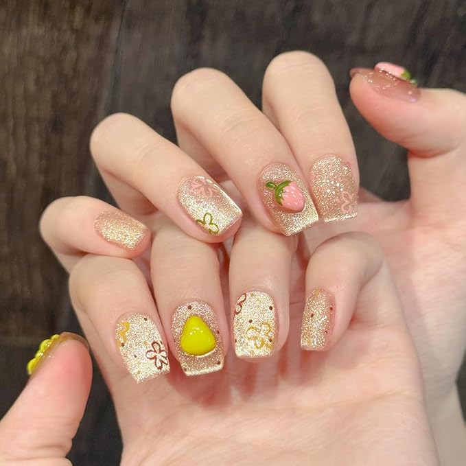 Handmade Press on Nails Square Short Fake Nails Cat's Eye with 3D Strawberry Pineapple Designs Gold Glitter Cute Acrylic Nails for Women 10pcs (Size M）
