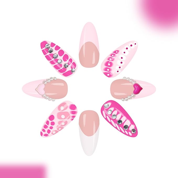 Valentines Press on Nails Long Almond Fake Nails Pink Artificial Nail Heart Love Tortoise Shell Rhinestones Stick on Nail for Women 24pcs