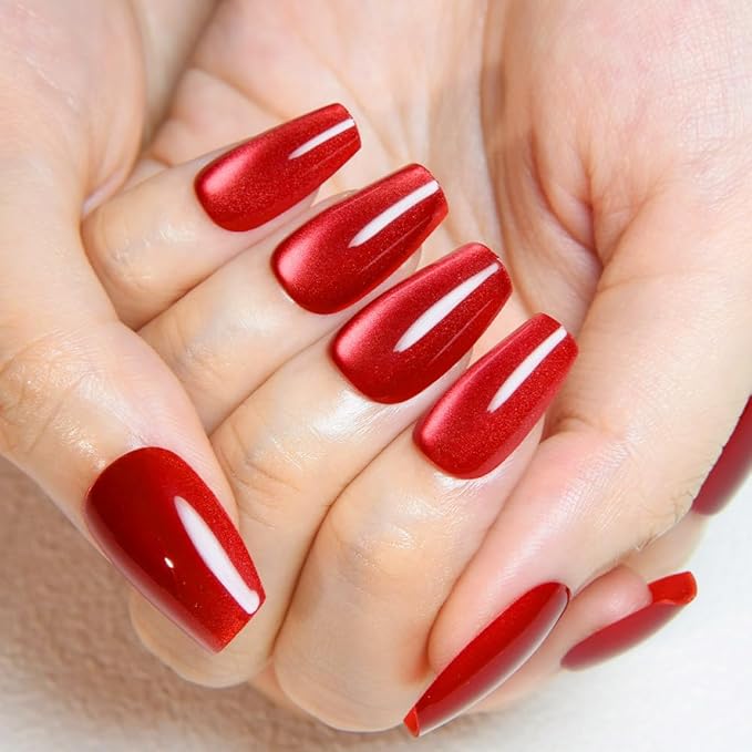evpct Red Cat Eye Press on Nails Square Medium Coffin, Medium Square Stick on Nails for Women Gift, Red Metallic Glitter Glossy Reusable Spring Summer Soft Gel Press on Acrylic Fake Nail with Designs