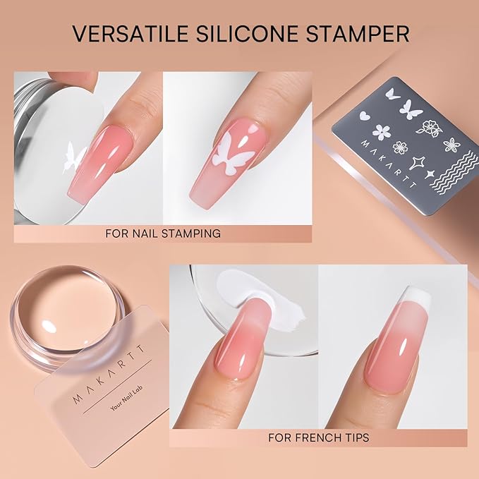 Makartt 5-in-1 Nail Art Gel: ColorPot 3 Colors Gel Nail Polish No Wipe with Nail Stamp for French Tips, Stamping, Ombre Patting, Painting & 3d Micro-Sculpting with Silicone Head for Diy Home Salon Use