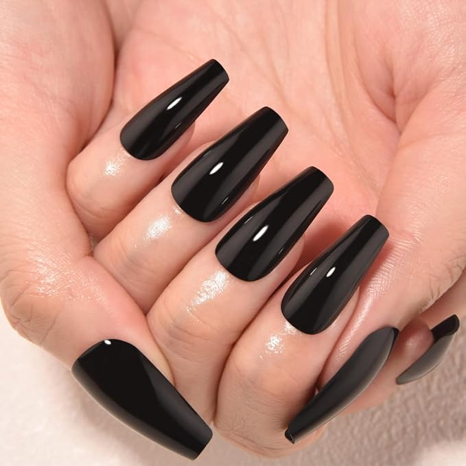 evpct Black Glossy Coffin Press on Nails Medium Square, Glossy Black Fake Nails False Nail Pure Color with Kit, Salon Quality Soft Gel Stick on Acrylic False Soft Nails Reusable Full Cover for Women